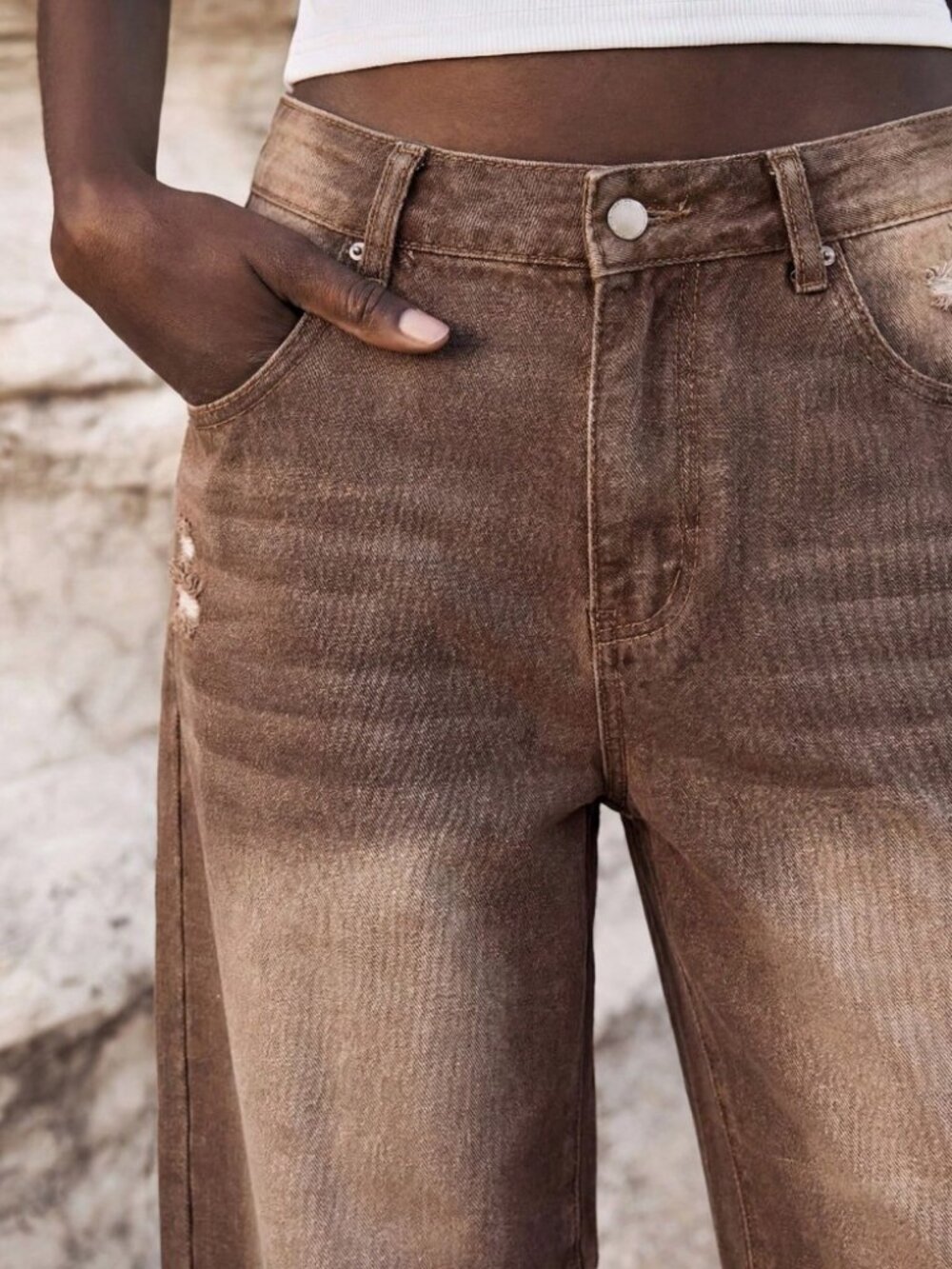 Muted Tan Denim Jeans with Distressed Rips - Picture 4 of 7